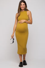 Mustard Ribbed Maternity Fitted Midi Dress