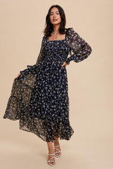 Navy Blue Floral Ruffle Square Neck Smocked Maxi Dress