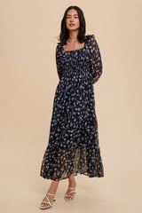 Navy Blue Floral Ruffle Square Neck Smocked Maxi Dress