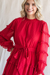 Tomato Red Swiss Dot Frilled Layer Dress