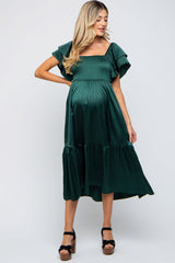 Forest Green Satin Flutter Sleeve Maternity Midi Dress