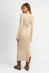 Beige Ribbed Fitted Long Sleeve Maxi Dress