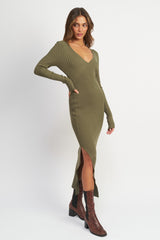 Olive Ribbed Fitted Long Sleeve Maxi Dress