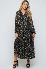 Black Floral Chiffon Front Tie Tiered Maternity Maxi Dress