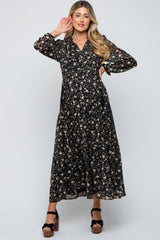 Black Floral Chiffon Front Tie Tiered Maternity Maxi Dress