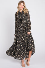 Black Floral Chiffon Front Tie Tiered Maternity Maxi Dress