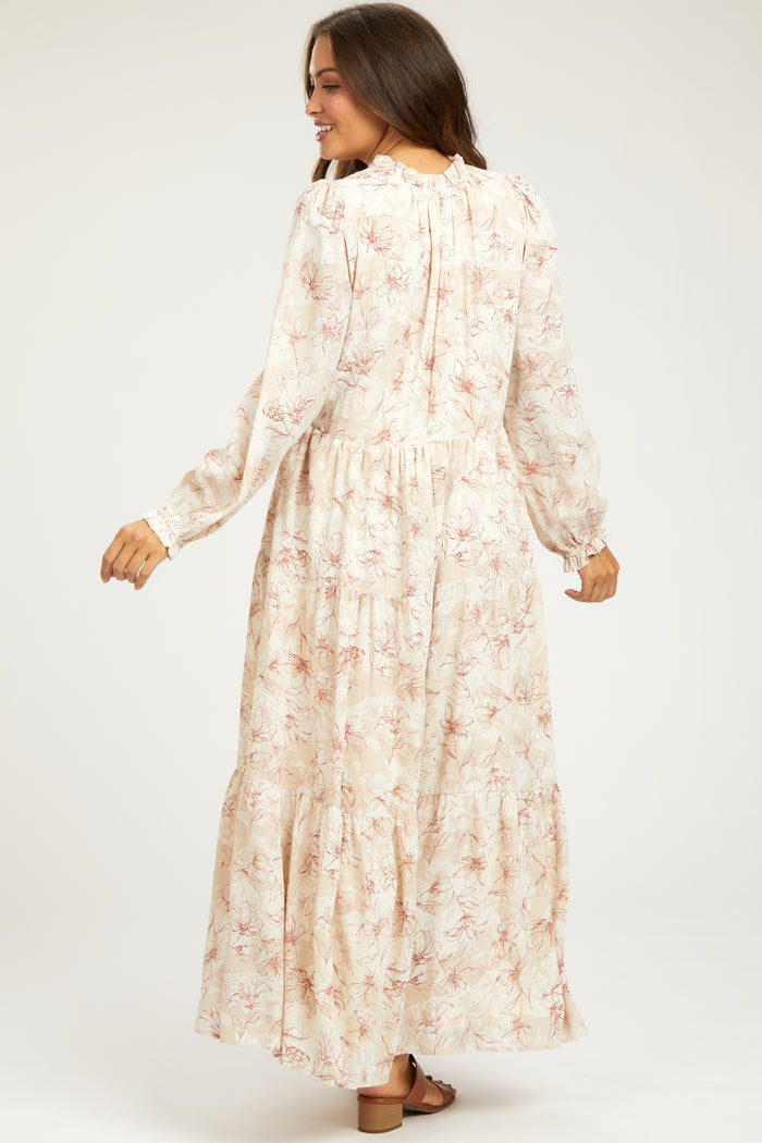 Rust Floral Tassel Tiered Long Sleeve Maternity Maxi Dress