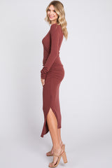 Rust Ruched Long Sleeve Side Slit Dress