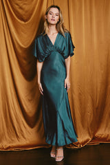 Deep Teal Satin Blouson Maxi Dress