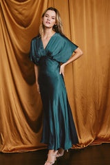 Deep Teal Satin Blouson Maxi Dress