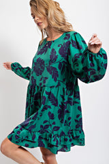 Deep Green Floral Printed Satin Dress