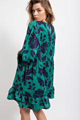 Deep Green Floral Printed Satin Dress