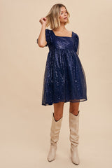 Navy Blue Sequin Pearl Embellished Square Neck Babydoll Dress