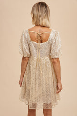 Gold Sequin Pearl Embellished Square Neck Babydoll Dress