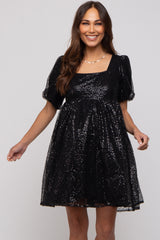 Black Sequin Pearl Embellished Square Neck Babydoll Maternity Dress