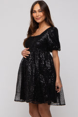 Black Sequin Pearl Embellished Square Neck Babydoll Maternity Dress