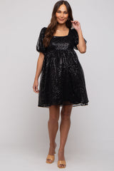 Black Sequin Pearl Embellished Square Neck Babydoll Maternity Dress