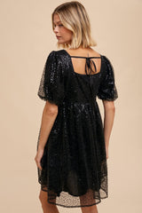 Black Sequin Pearl Embellished Square Neck Babydoll Dress