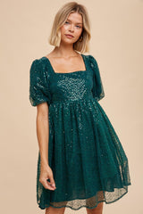 Forest Green Sequin Pearl Embellished Square Neck Babydoll Dress