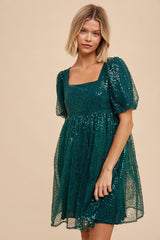 Forest Green Sequin Pearl Embellished Square Neck Babydoll Dress