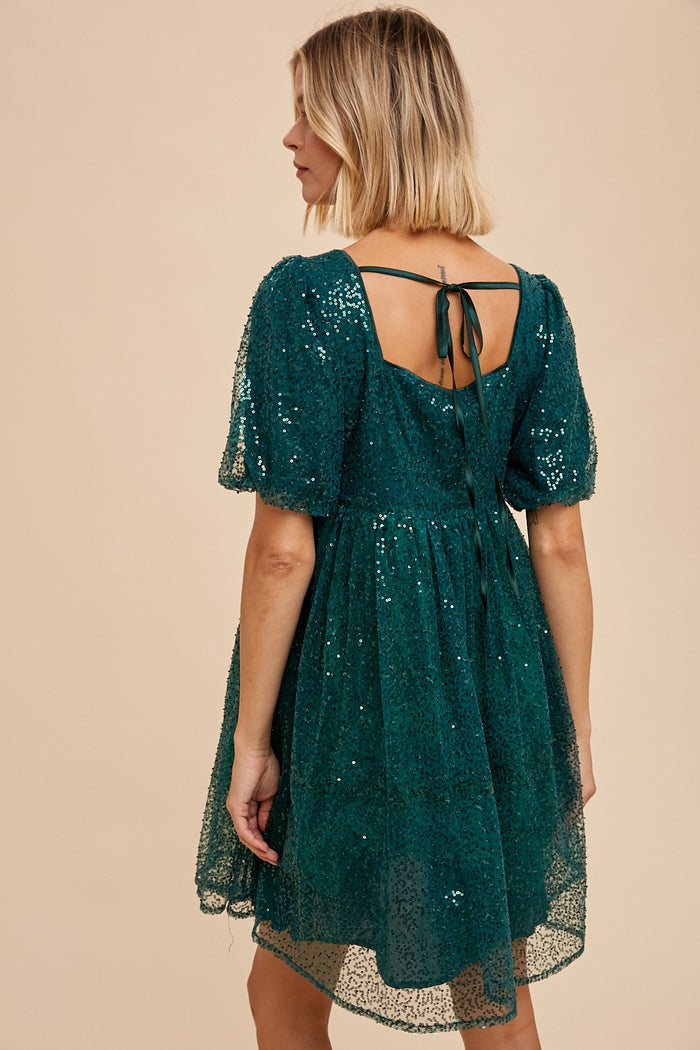 Forest Green Sequin Pearl Embellished Square Neck Babydoll Dress