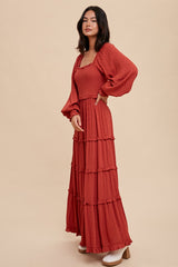 Rust Swiss Dot Ruffle Accent Tiered Maxi Dress