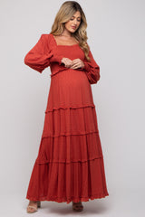 Rust Swiss Dot Ruffle Accent Tiered Maternity Maxi Dress