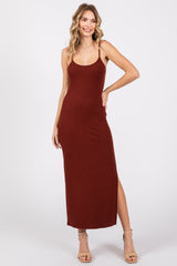 Rust Ribbed Sleeveless Side Slit Maternity Dress