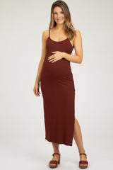 Rust Ribbed Sleeveless Side Slit Maternity Dress