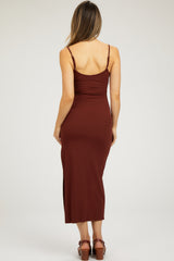 Rust Ribbed Sleeveless Side Slit Maternity Dress