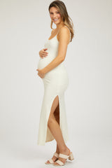 Ivory Ribbed Sleeveless Side Slit Maternity Dress