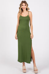 Green Ribbed Sleeveless Side Slit Maternity Dress