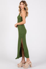 Green Ribbed Sleeveless Side Slit Dress