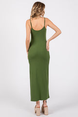 Green Ribbed Sleeveless Side Slit Dress