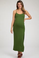 Green Ribbed Sleeveless Side Slit Maternity Dress