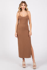 Mocha Ribbed Sleeveless Side Slit Maternity Dress