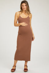 Mocha Ribbed Sleeveless Side Slit Maternity Dress