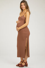 Mocha Ribbed Sleeveless Side Slit Maternity Dress