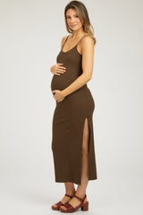 Brown Ribbed Sleeveless Side Slit Maternity Dress
