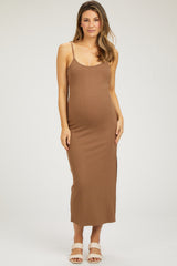 Camel Ribbed Sleeveless Side Slit Maternity Dress