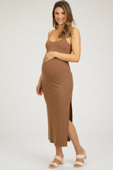 Camel Ribbed Sleeveless Side Slit Maternity Dress