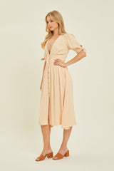 Cream Textured Linen V-Neck Button-Down Midi Dress