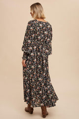 Black Floral V Neck Maxi Floral Dress