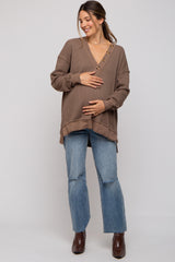 Mocha Waffle Knit Deep V-Neck Maternity Top