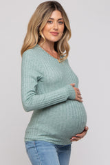 Green Ribbed Long Sleeve Maternity Top