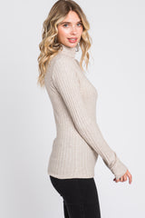 Beige Ribbed Long Sleeve Turtle Neck Top