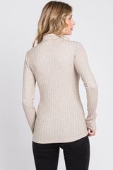 Beige Ribbed Long Sleeve Turtle Neck Top