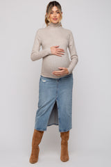 Beige Ribbed Long Sleeve Maternity Turtle Neck Top