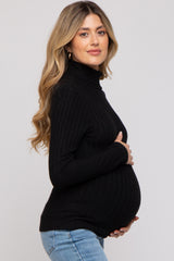 Black Ribbed Long Sleeve Maternity Turtle Neck Top