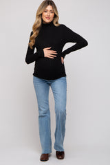 Black Ribbed Long Sleeve Maternity Turtle Neck Top